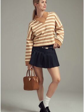 Mauve Striped V-Neck Sweater in Tan & Cream